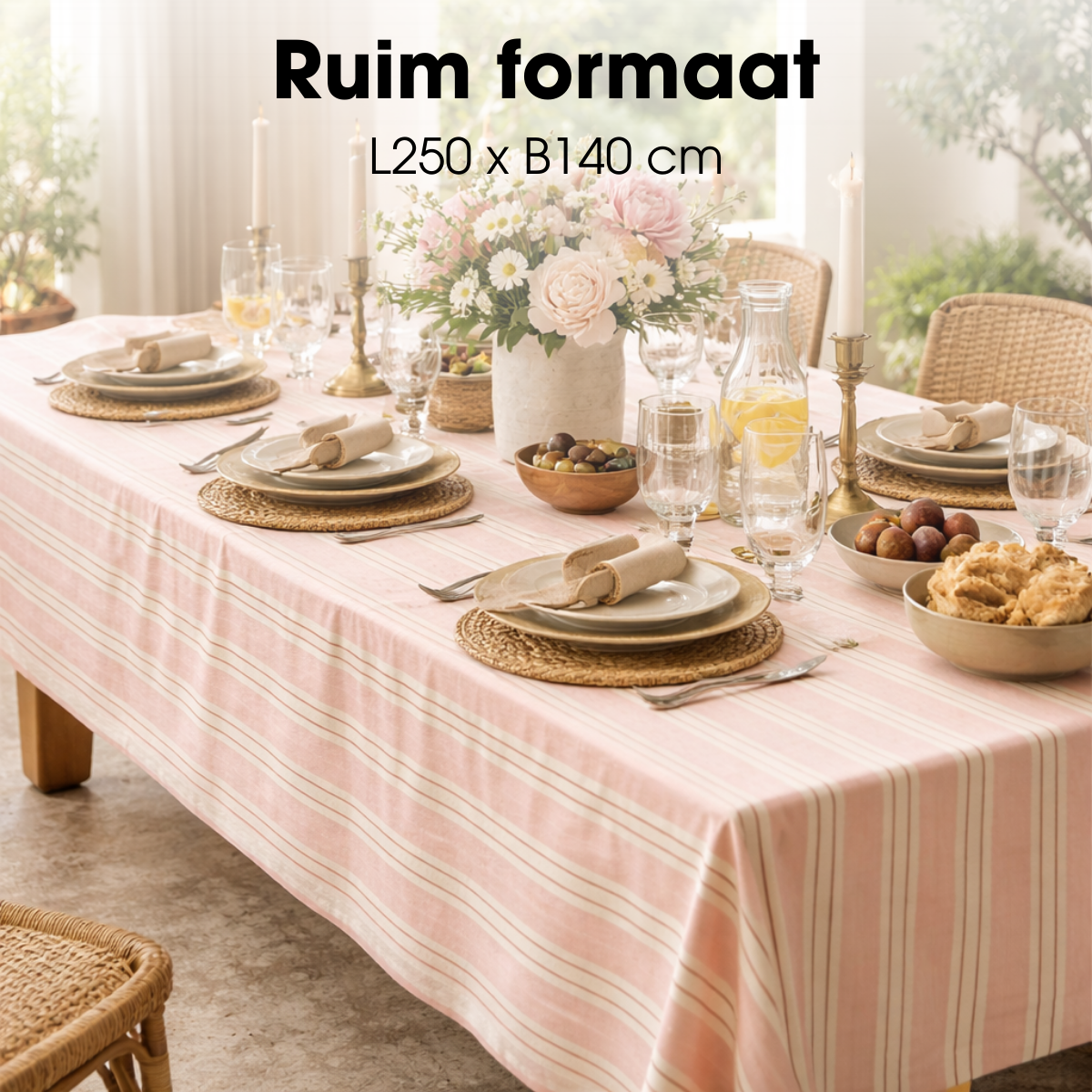 Tafelkleed roze gestreept, 250 x 140 cm