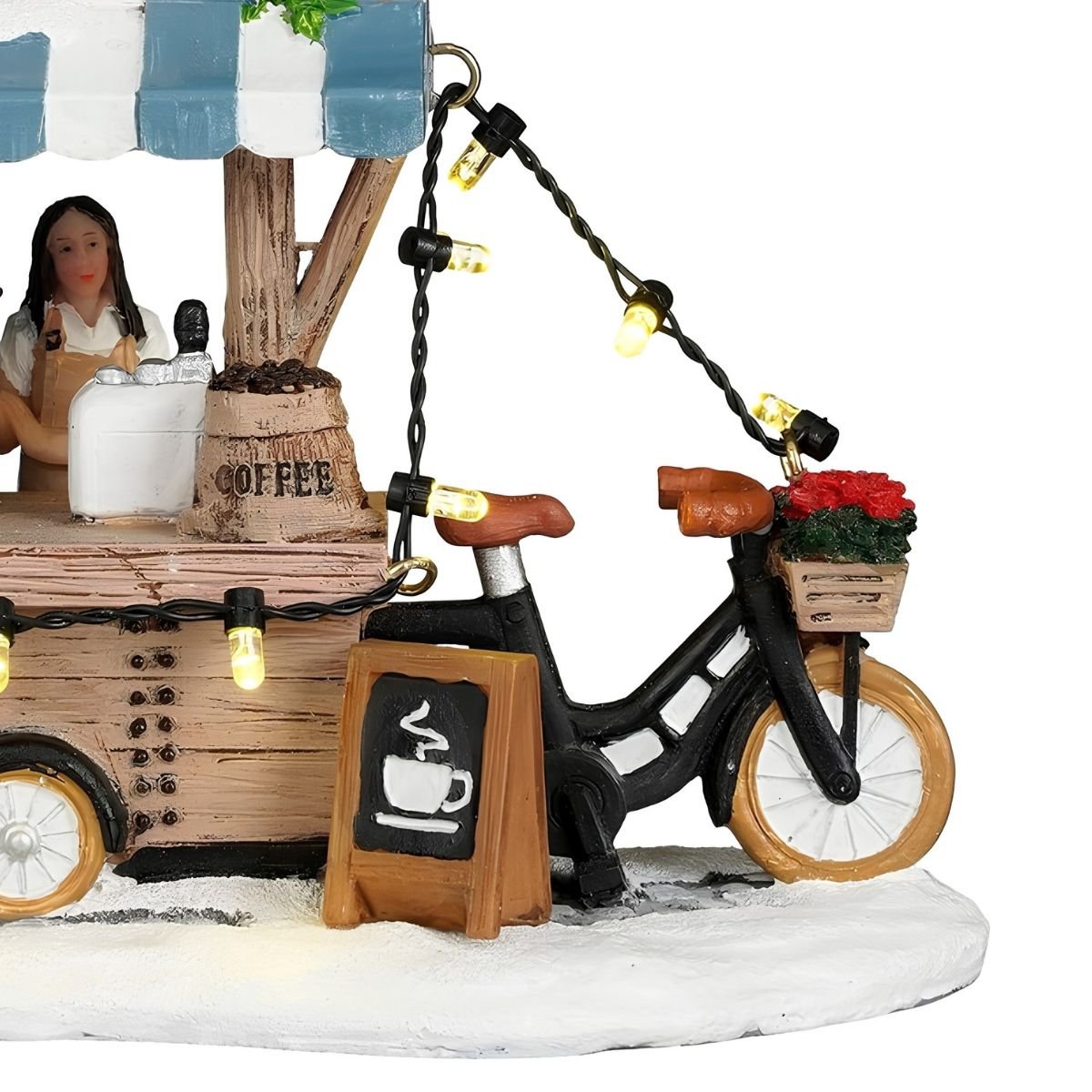 Kerstdorp miniatuur koffiekraam met verlichting, 13,5 × 8 × 11 cm