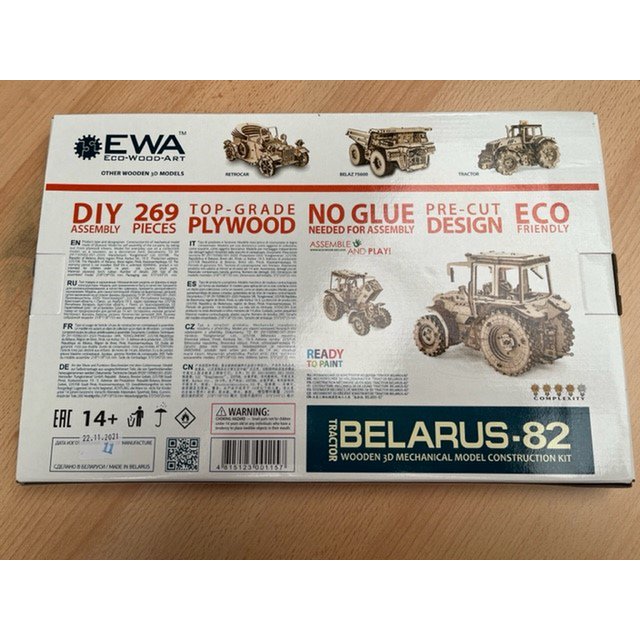 Mechanische houten puzzel Belarus-82 tractor, 269 onderdelen, 21,8 x 11,8 x 15,5 cm