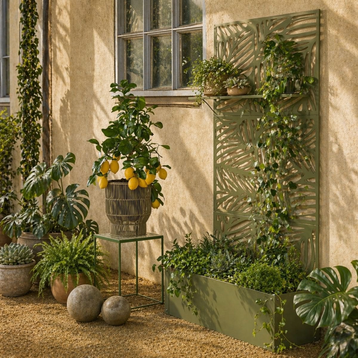 Sapri, groene plantenbak met bladmotief, 92 x 33 x 174 cm