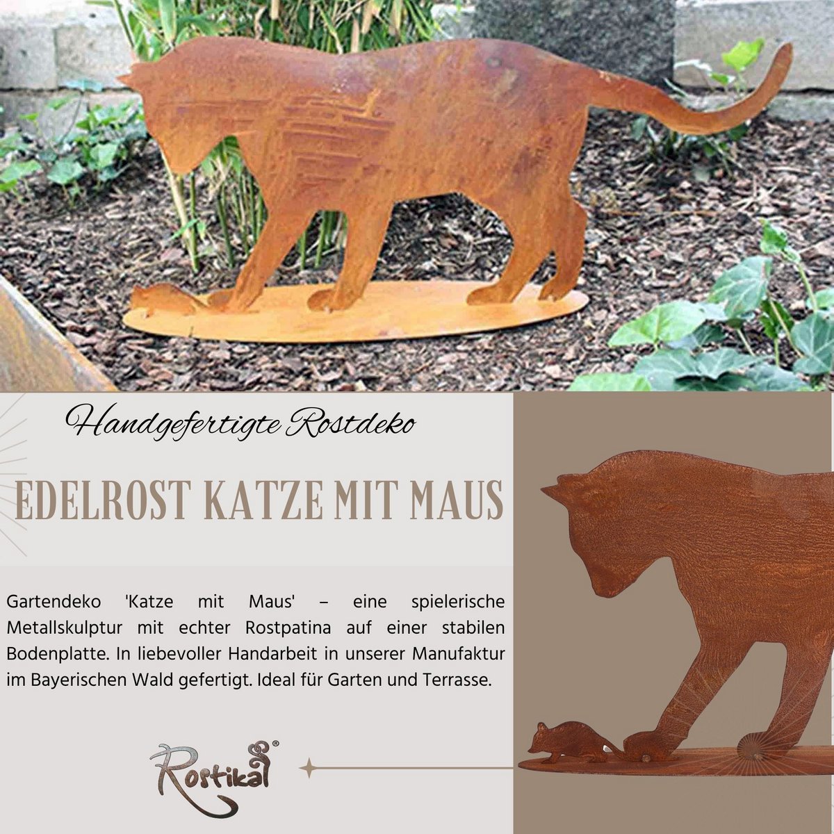 Roestmetalen kat met muis, op bodemplaat