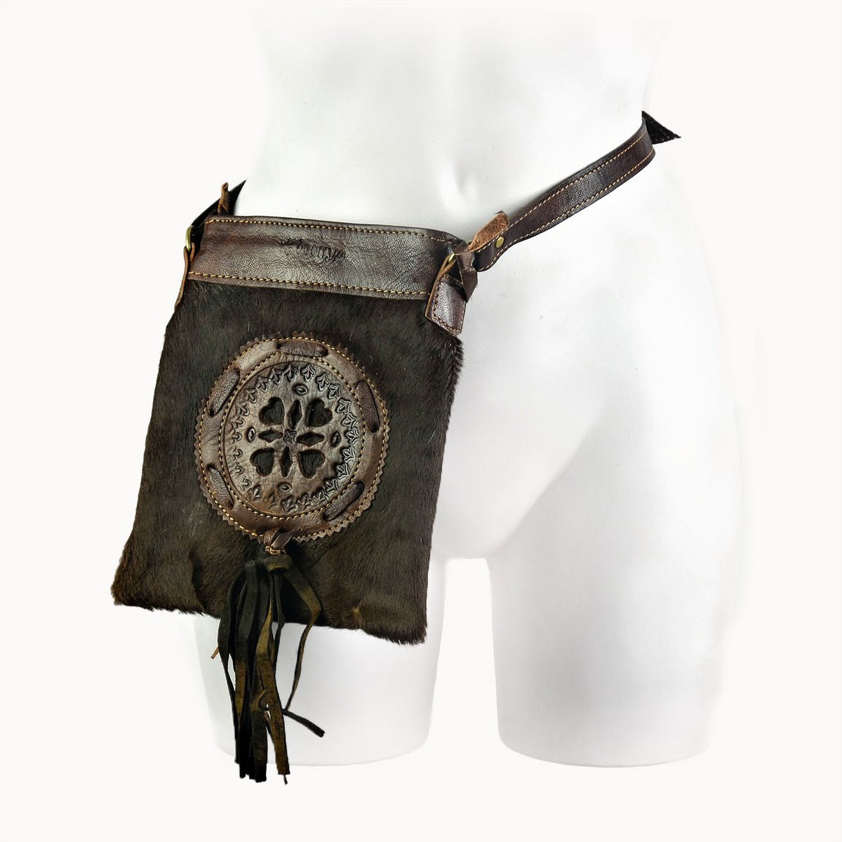 Farin leren heuptas en crossbodytas met koeienhuid, 15 × 3 × 20 cm
