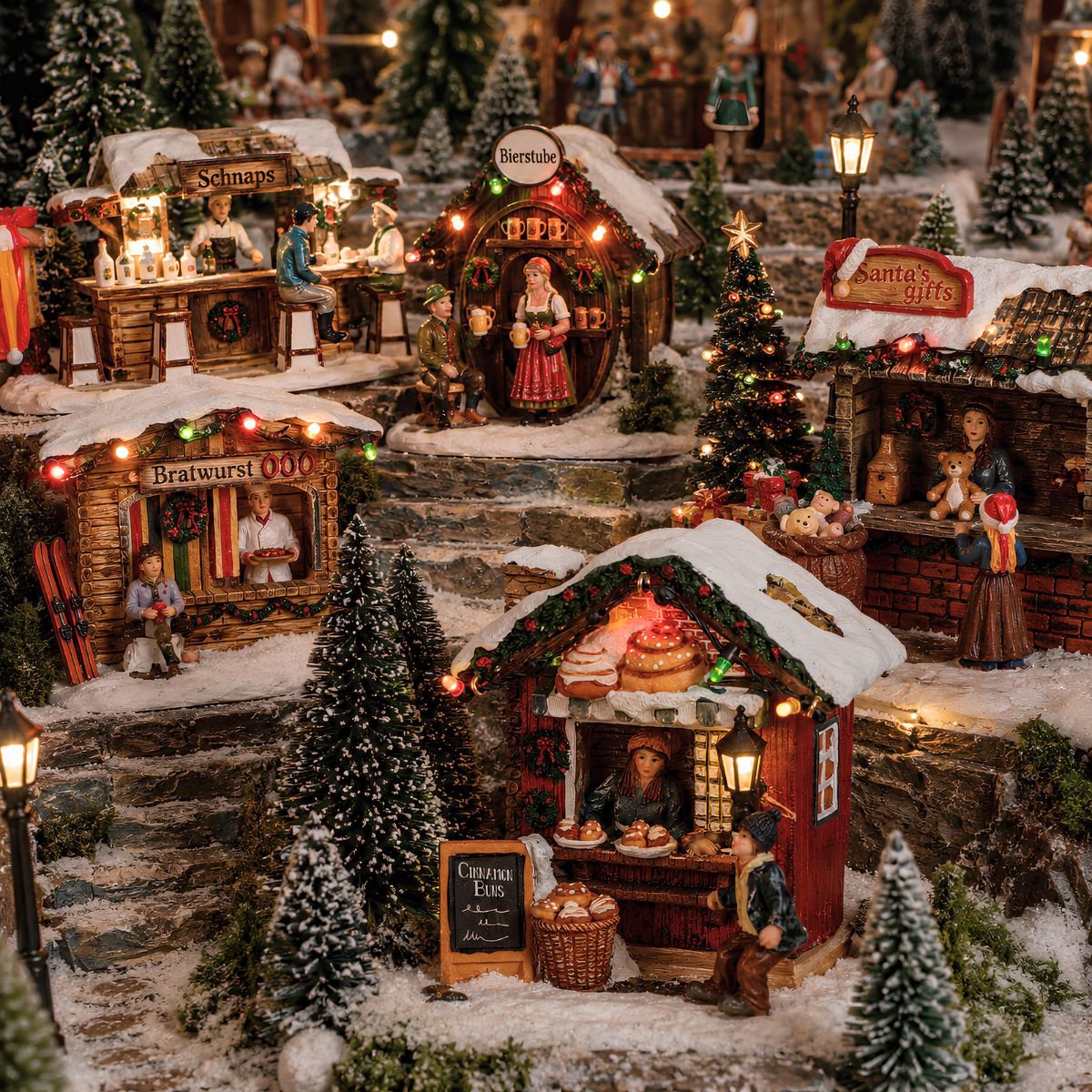 Kerstdorp kraam met kaneelbroodjes en verlichting, 12 × 8,5 × 10,5 cm