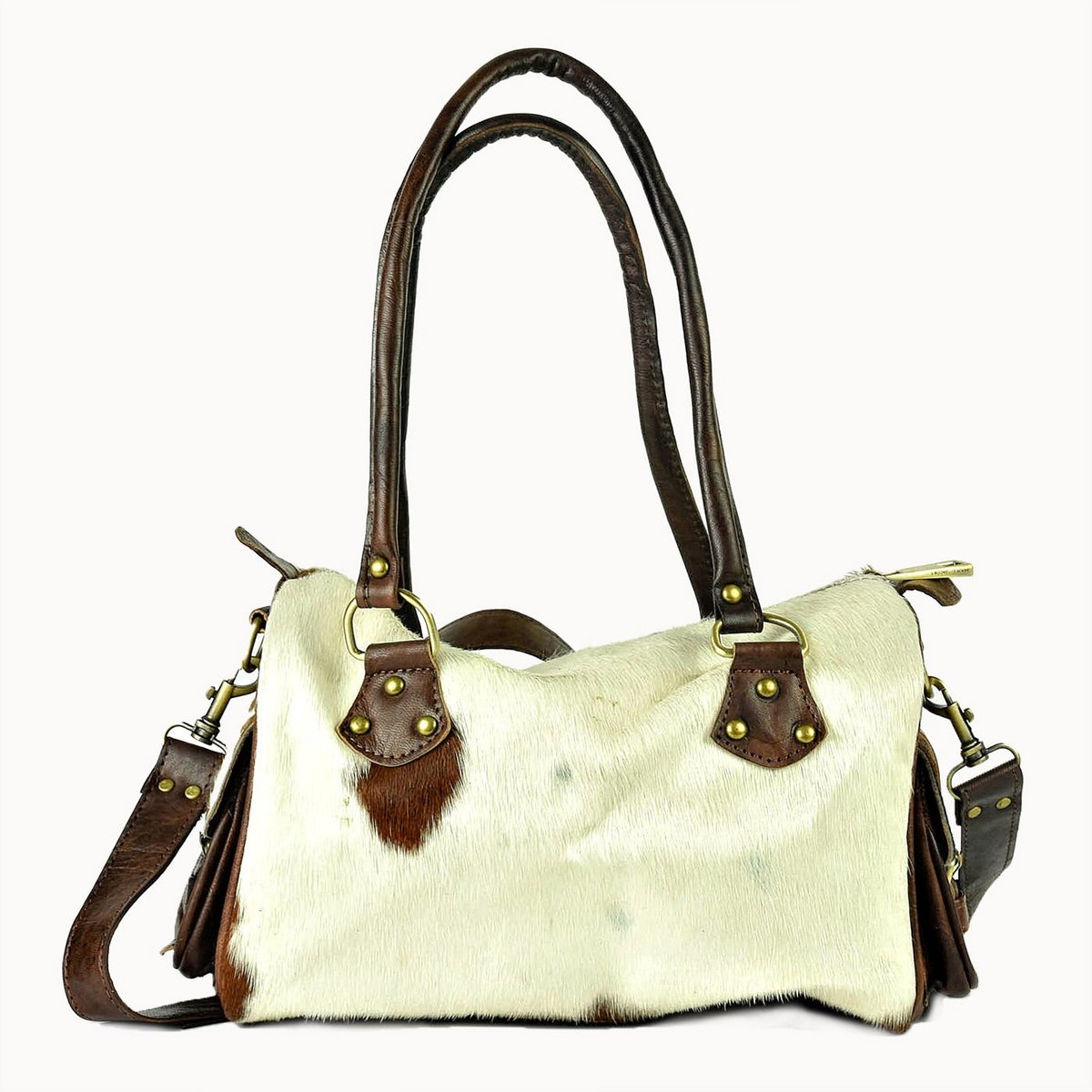 Yasmin leren handtas met koeienvacht, 30 × 15 × 19 cm