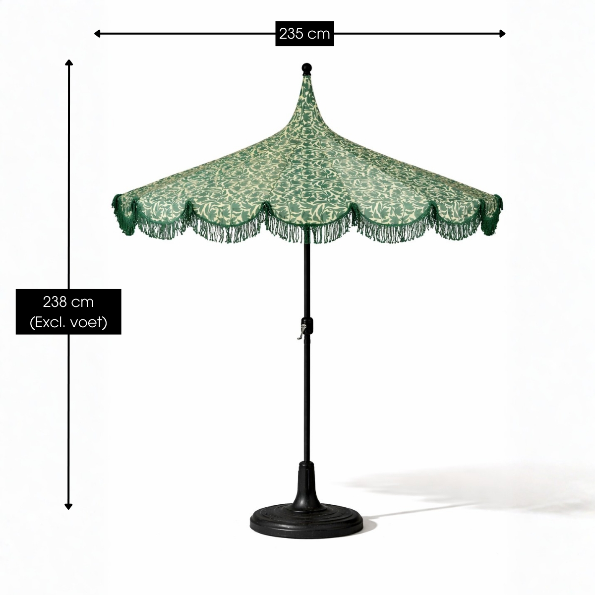 Donkergroene parasol met bloemenprint en franjes Ø235 cm
