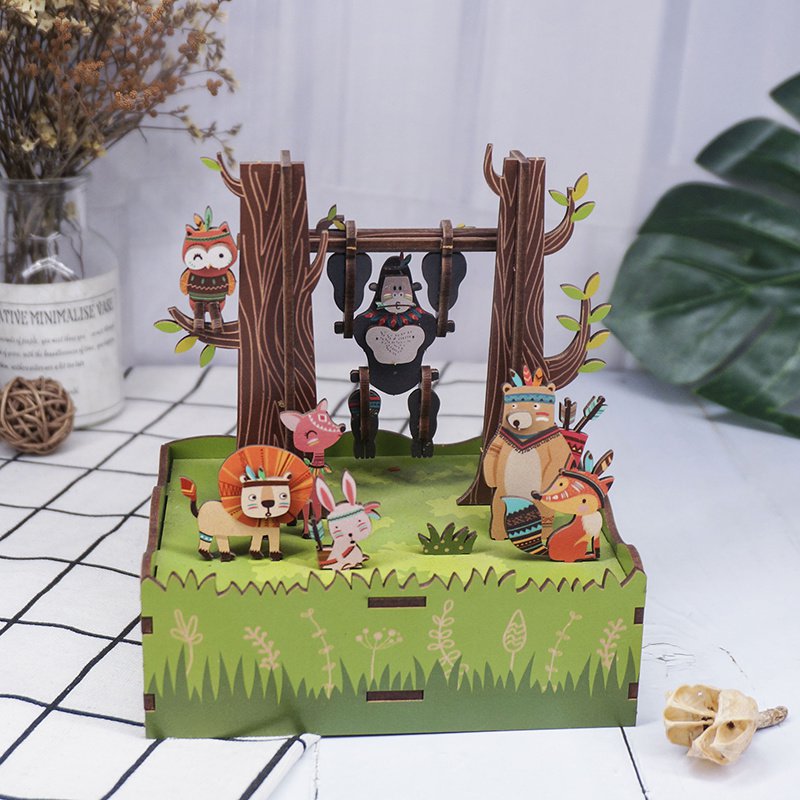 DIY 3D houten muziekdoos Jungle Games, 10,3 x 10,5 x 15,5 cm