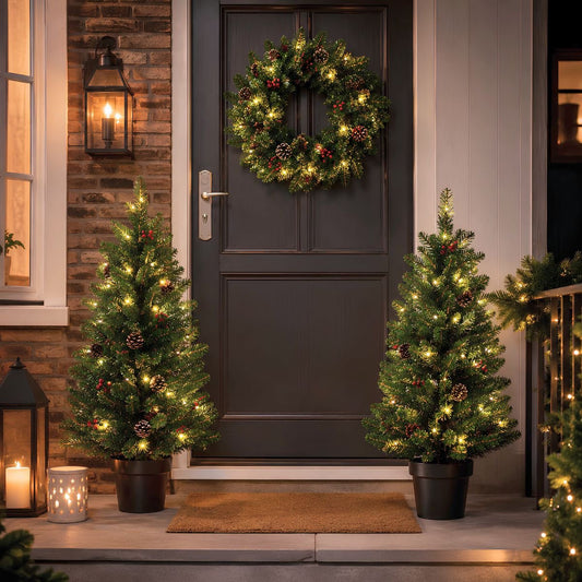 Creston kerstboomset met LED, 2 bomen en 1 krans, groen, 90 cm