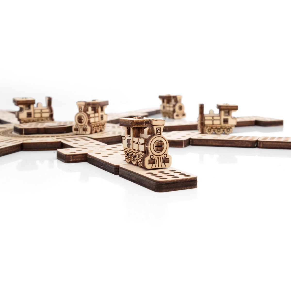 Houten mechanische puzzel Mexican Train domino, 232 stukjes, 25,3 x 24,8 x 7,3 cm