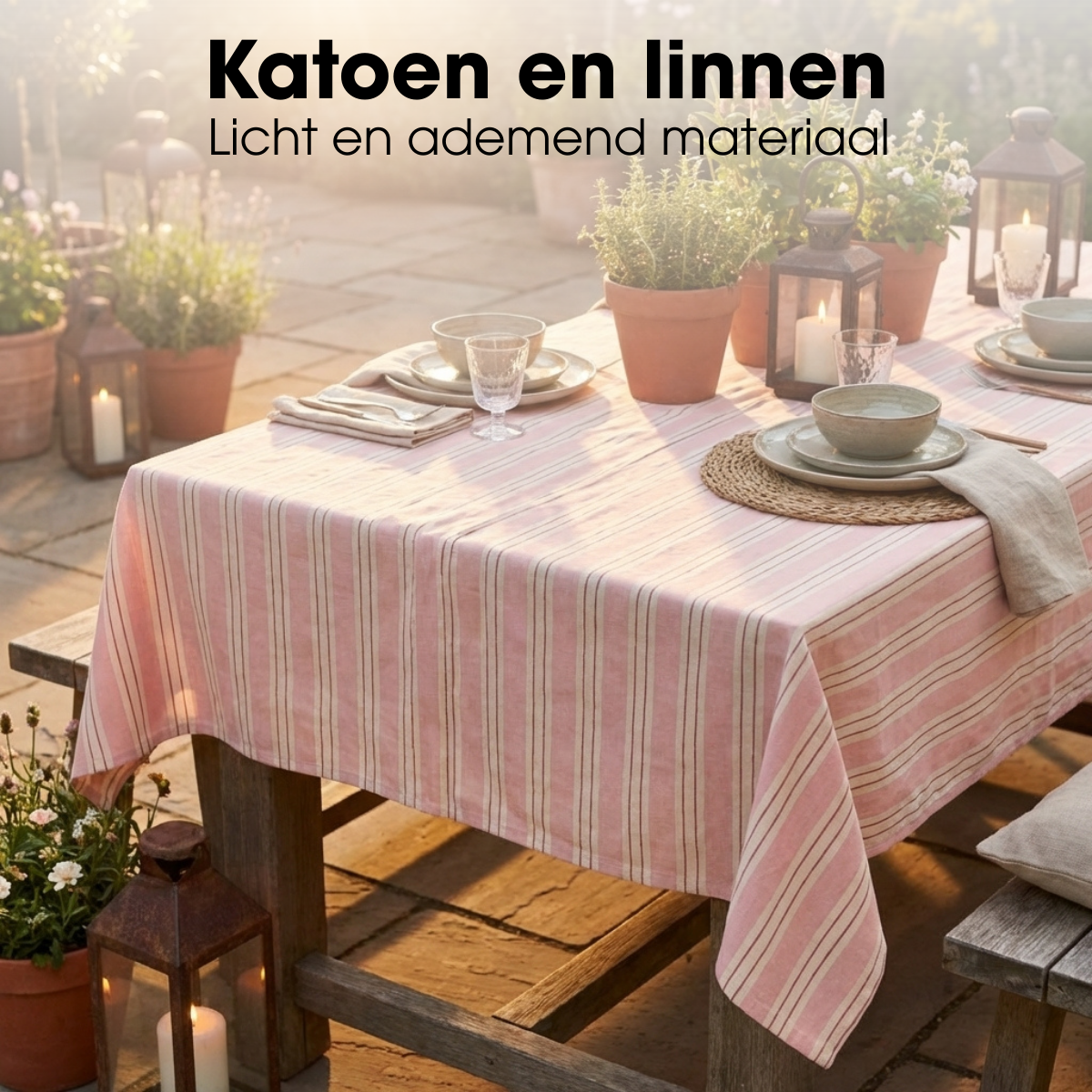 Tafelkleed roze gestreept, 250 x 140 cm