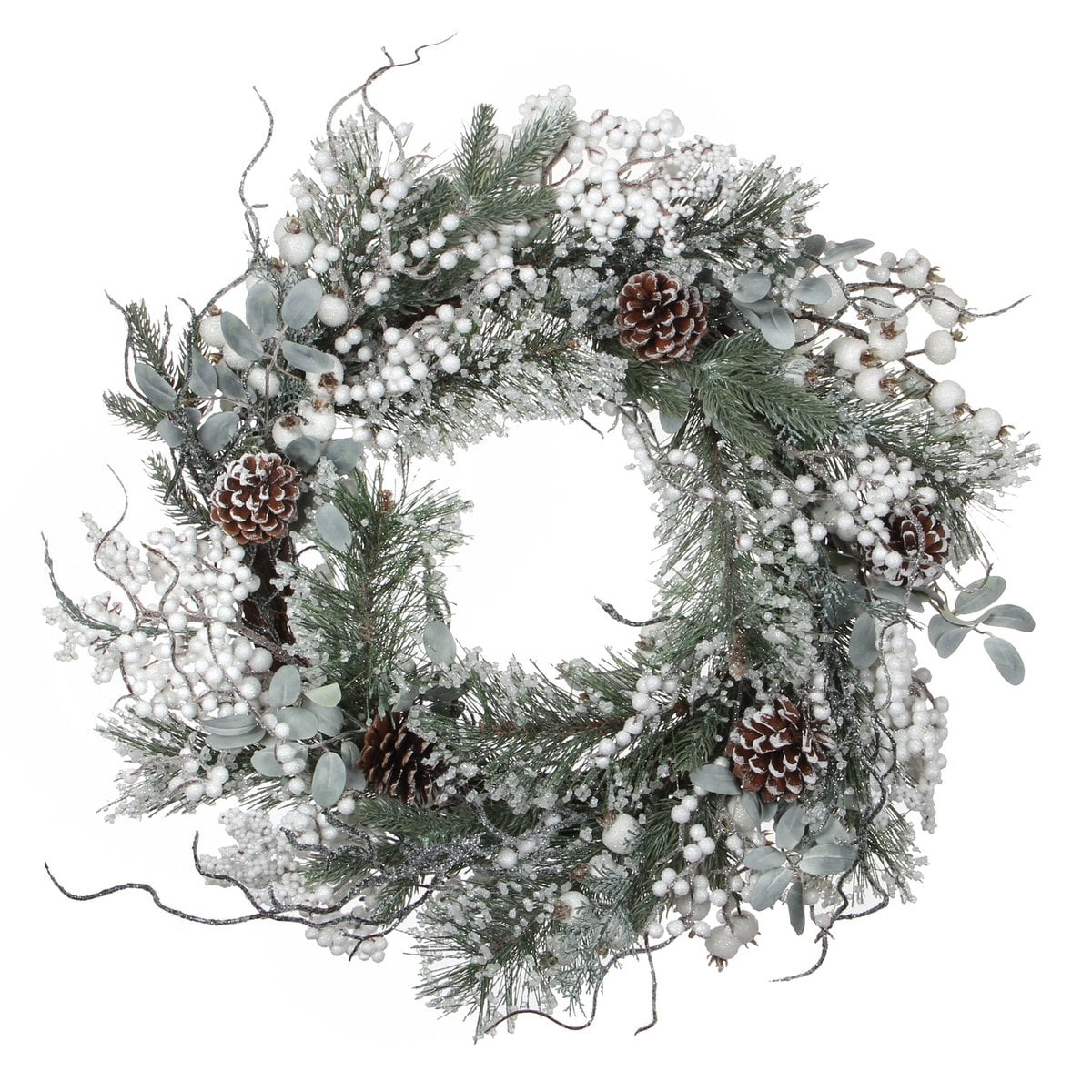 Besneeuwde kerstkrans met dennenappels en glitters, Ø 50 cm
