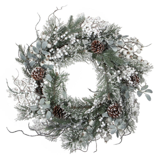 Besneeuwde kerstkrans met dennenappels en glitters, Ø 50 cm