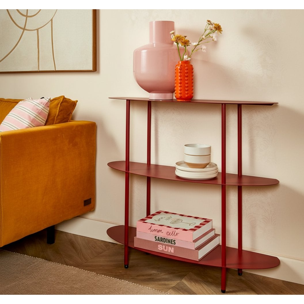 Open kast, rood met 3 ovale planken,  90 x 28 x 81 cm