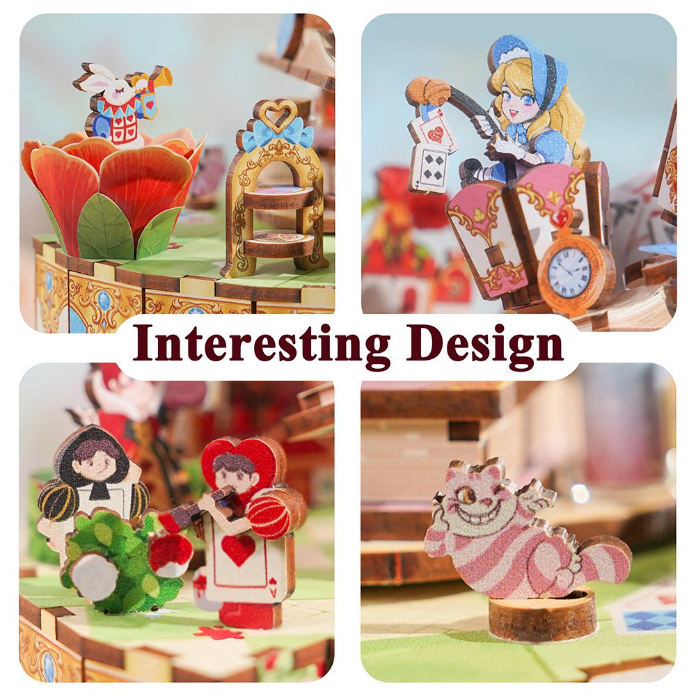 DIY 3D houten muziekdoos Alice's Tea Party, 13,7 x 13,2 x 20,9 cm