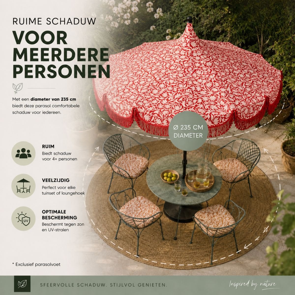 Rode parasol met bloemenprint en franjes Ø235 cm