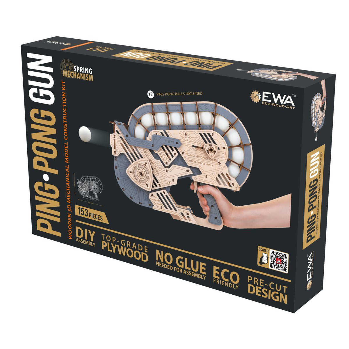 3D mechanische houten puzzel pingpong launcher 38,7 × 9,6 × 29,8 cm – 153 stukjes