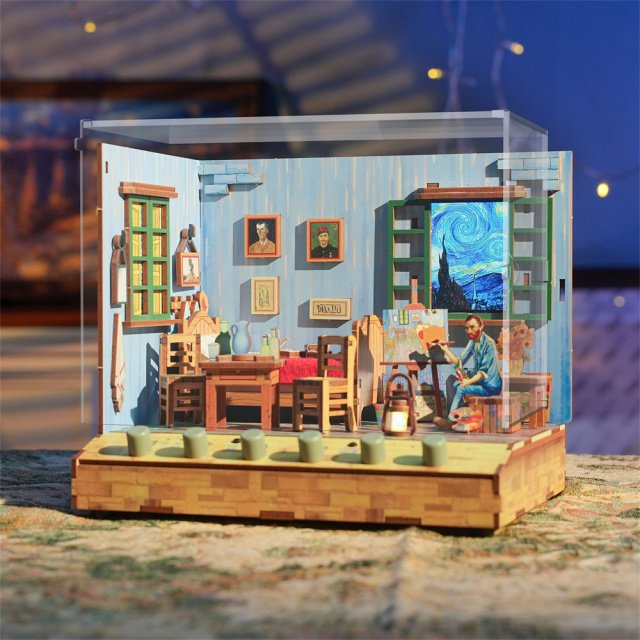 DIY miniatuurhuis Vincent’s Bedroom met geluid en stofkap, 18 cm