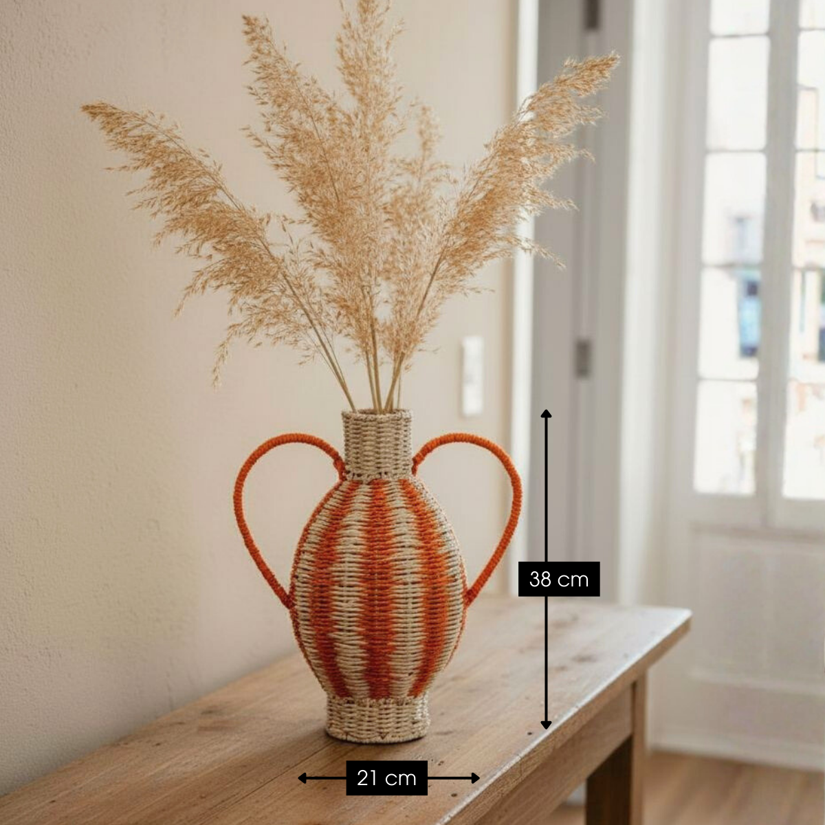 Geweven vaas met handgrepen, lichtgeel en oranje, 38 × Ø 21 cm
