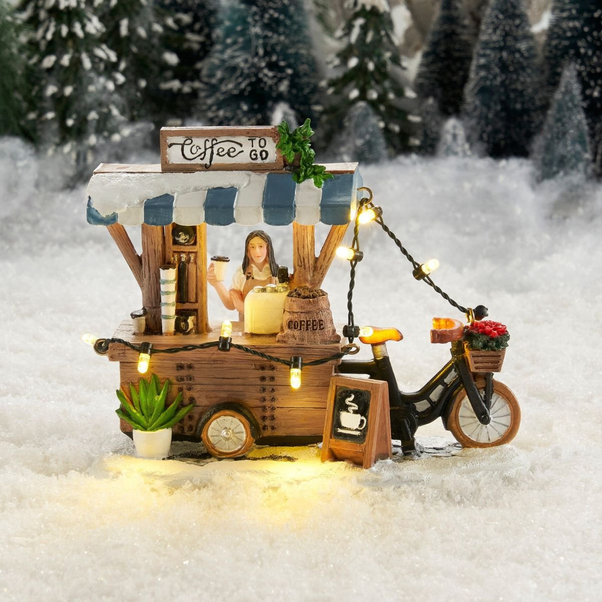 Kerstdorp miniatuur koffiekraam met verlichting, 13,5 × 8 × 11 cm