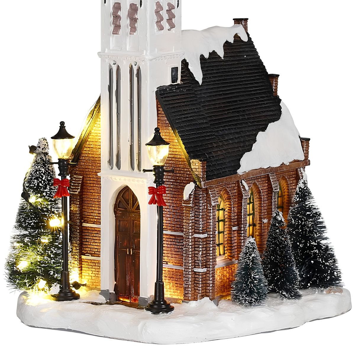 Kerstdorp kerk met verlichting en sneeuw, 15 × 16,5 × 31 cm