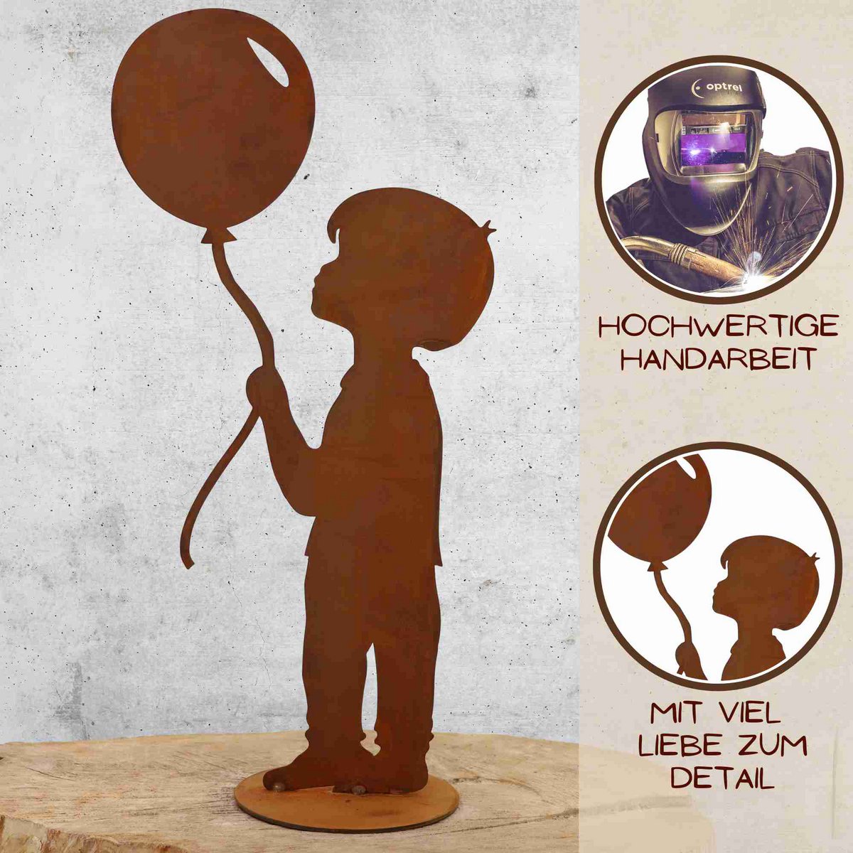 Roestmetalen jongen met ballon, 52 cm