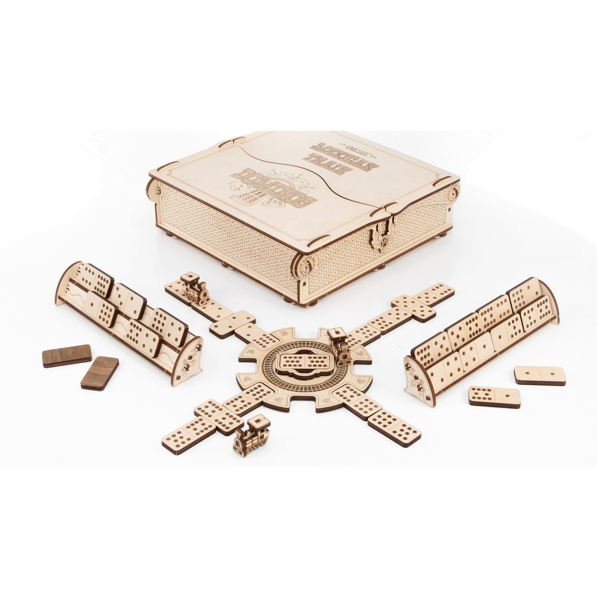 Houten mechanische puzzel Mexican Train domino, 232 stukjes, 25,3 x 24,8 x 7,3 cm