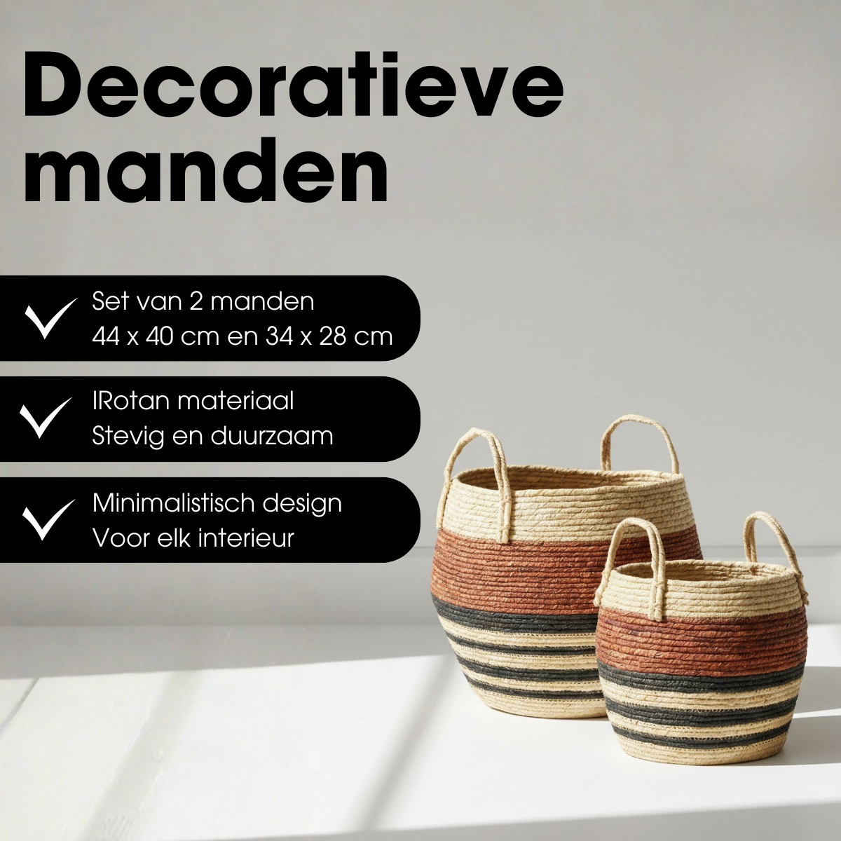 Opbergmanden, set van 2 stuks, bruin met zwart