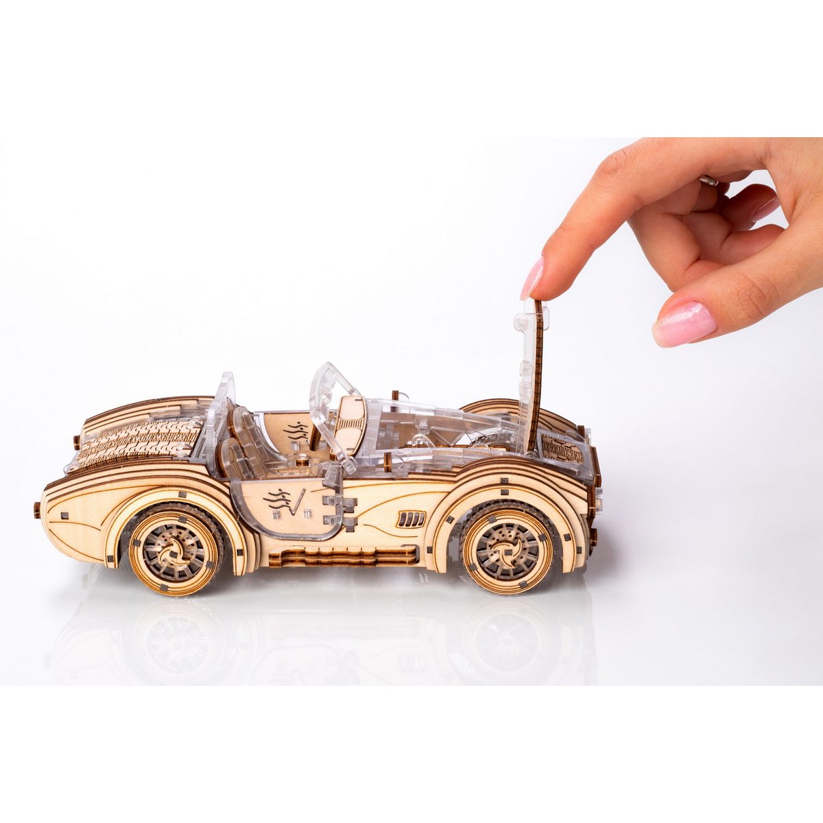 DIY houten mechanische puzzel Speedster V2 auto, 16,4 x 8 x 5,5 cm