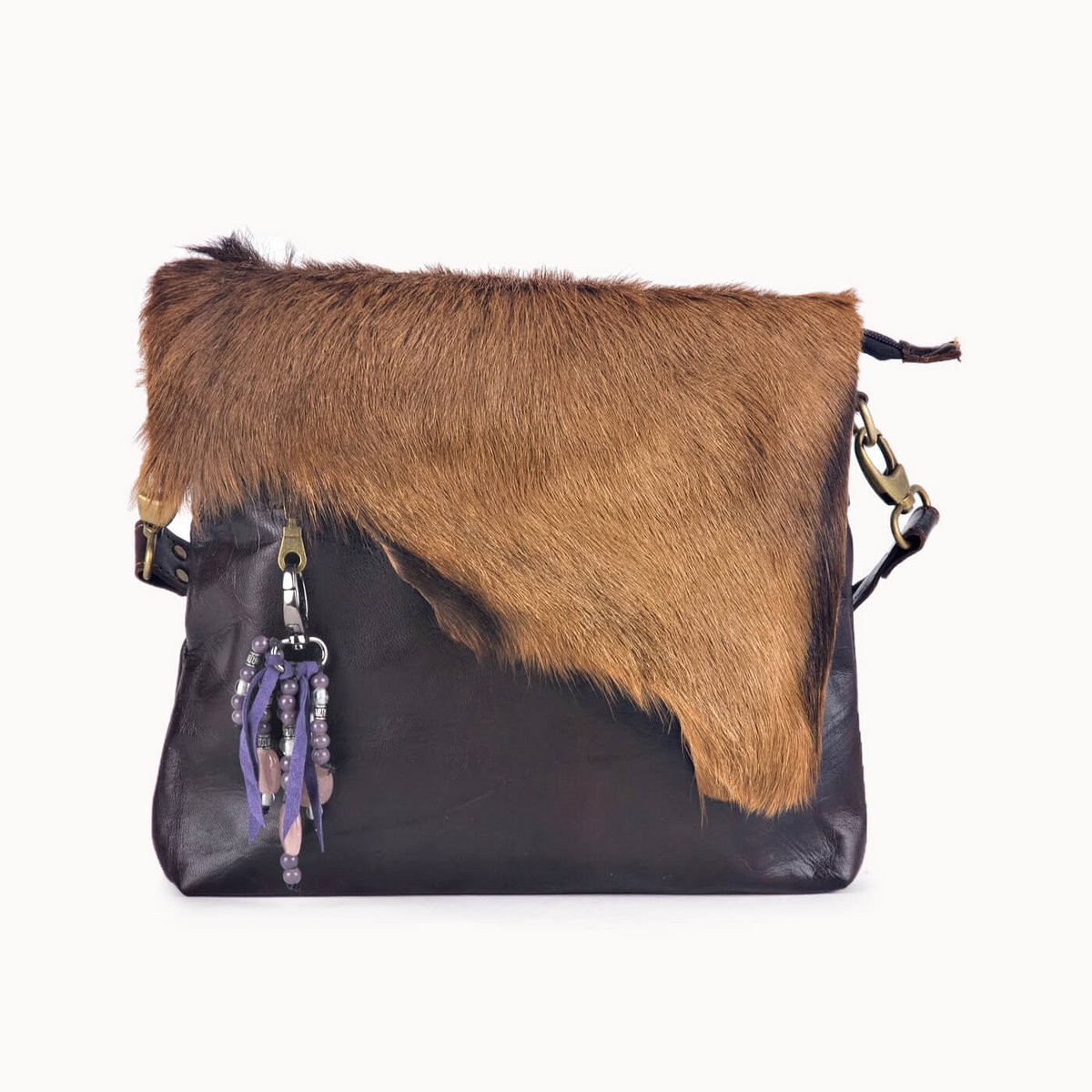 Jaden leren schoudertas met koeienvacht, 30 × 5 × 27 cm