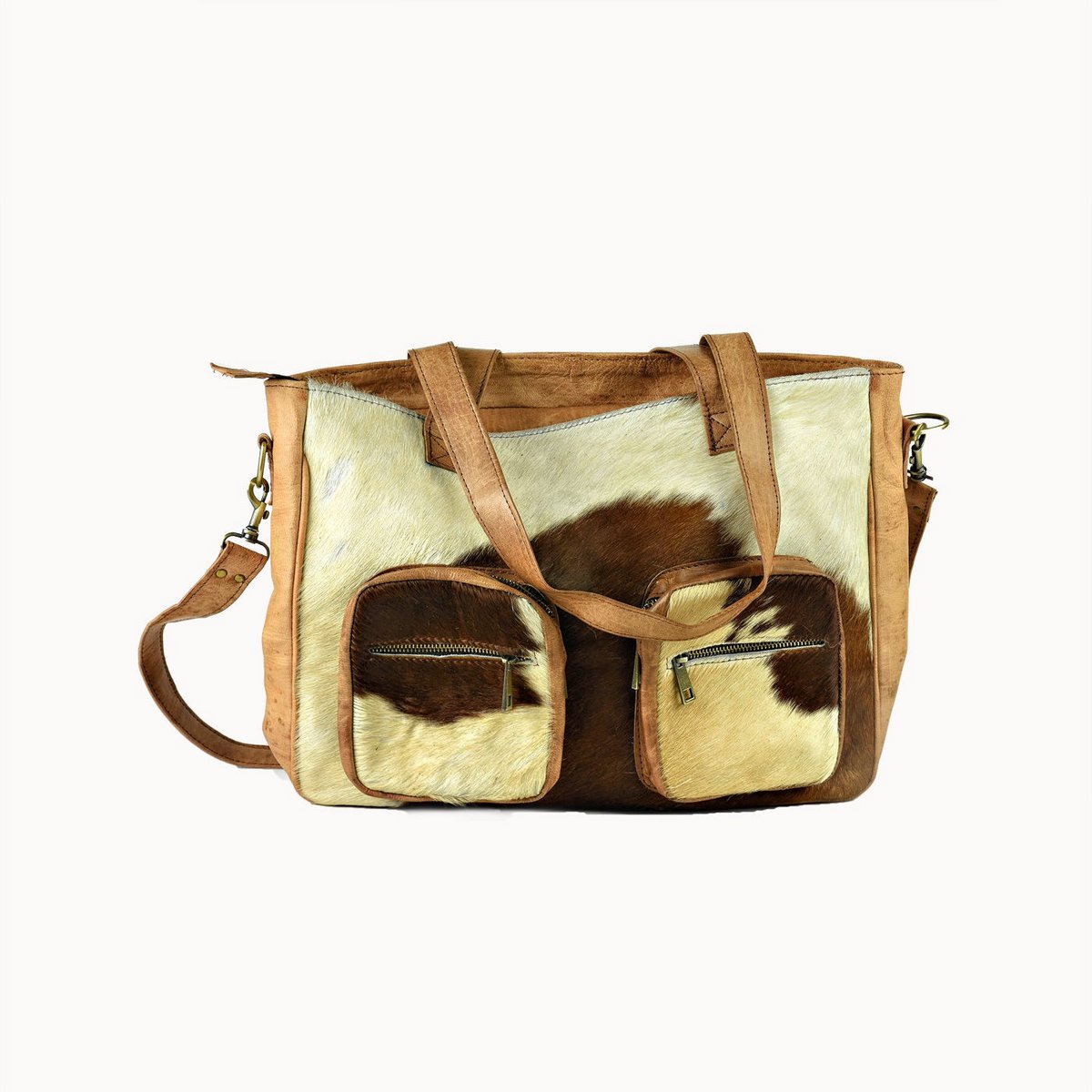 Bisou leren tas met koeienvacht, 40 × 10 × 30 cm