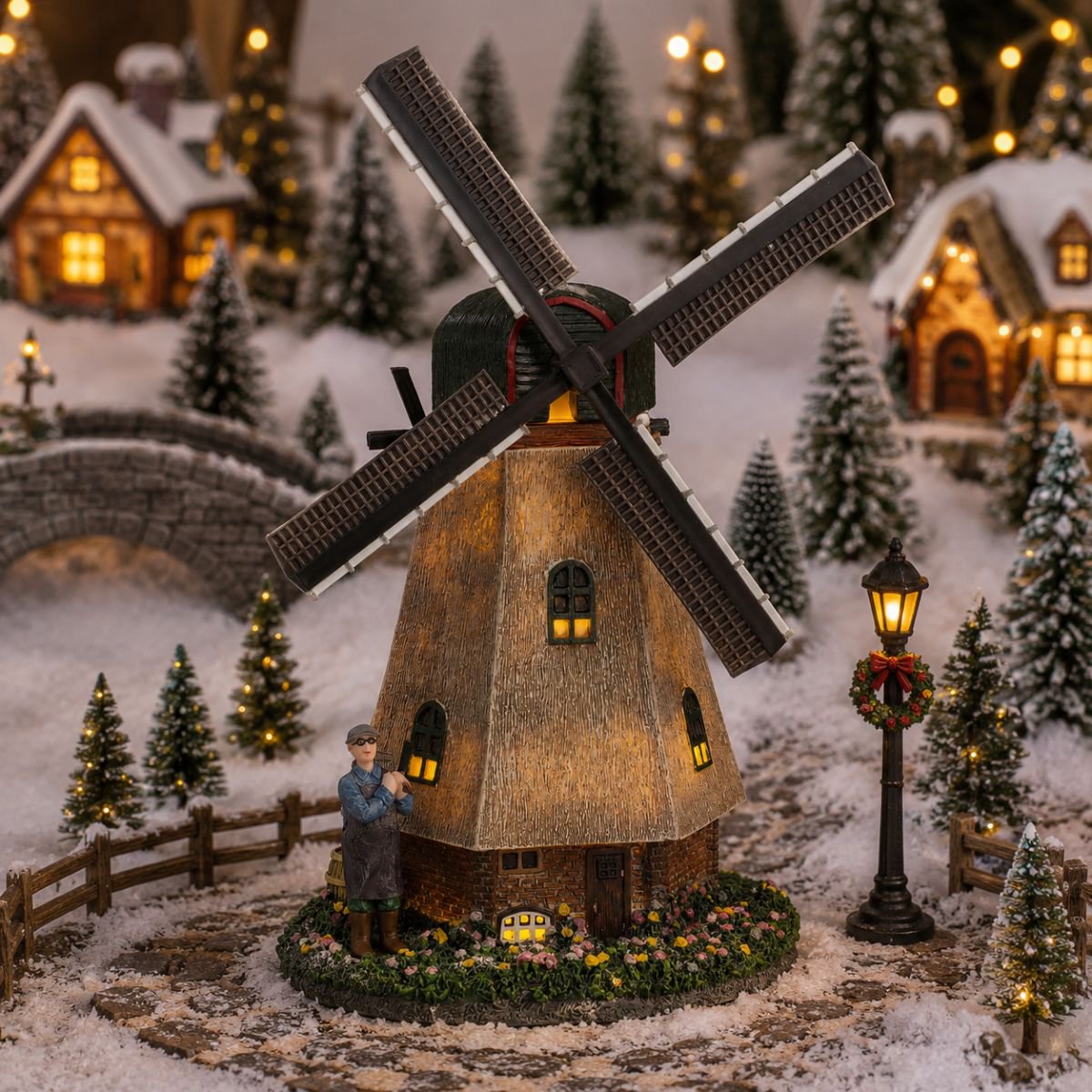 Kerstdorp Zaanse molen met draaiende wieken en verlichting, 20 × 14 × 28 cm