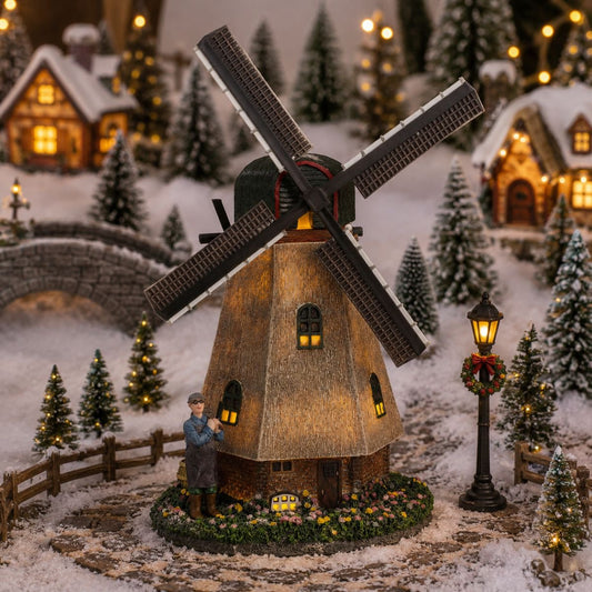 Kerstdorp Zaanse molen met draaiende wieken en verlichting, 20 × 14 × 28 cm