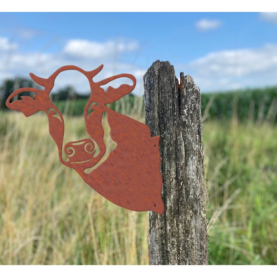Kiekeboe Klara de Koe roest ornament – paal en schuttingdecoratie