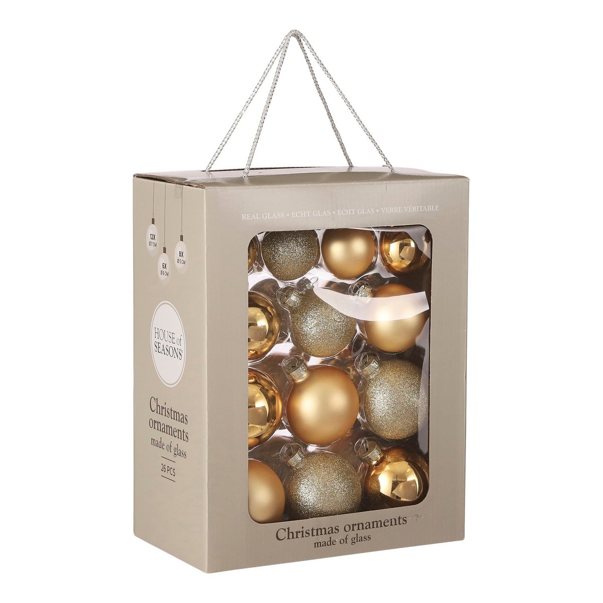 Goudkleurige glazen kerstballen, 26 stuks
