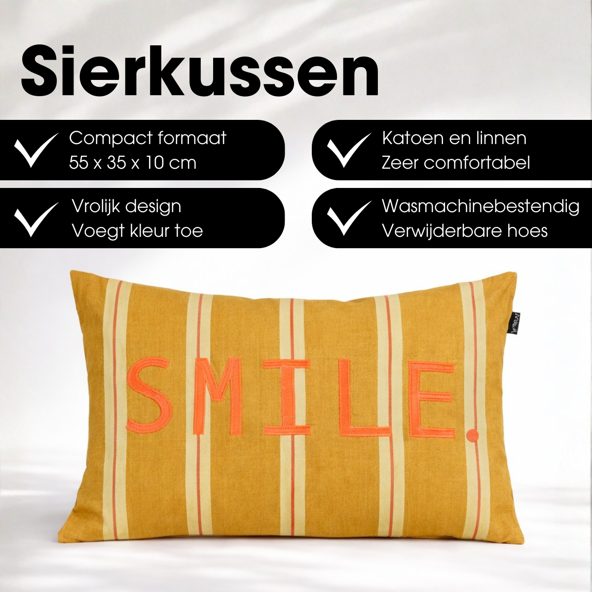 Sierkussen met tekst smile, 55 x 35 cm