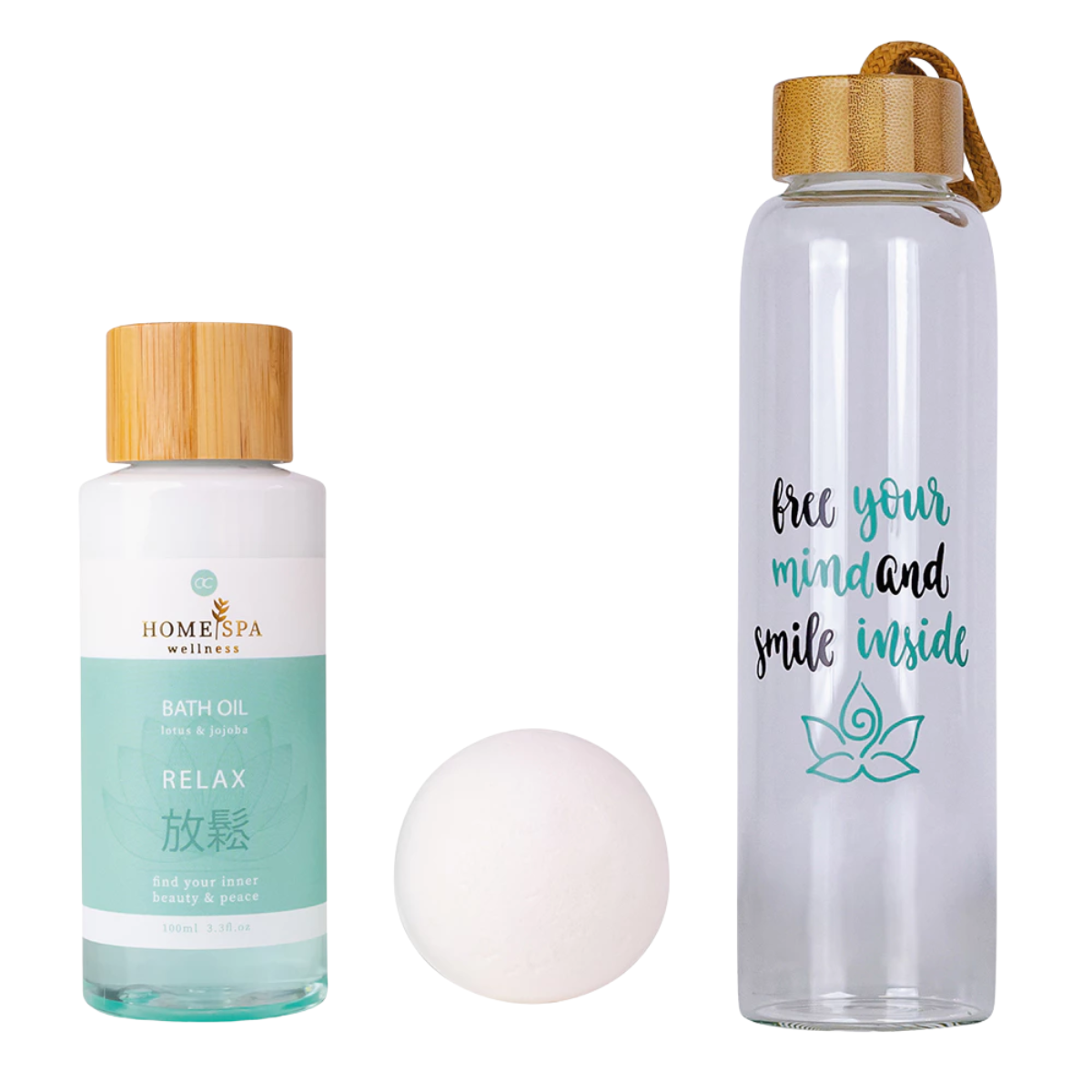 Wellness giftset met badolie, bruisbal en glazen waterfles, 3-delig