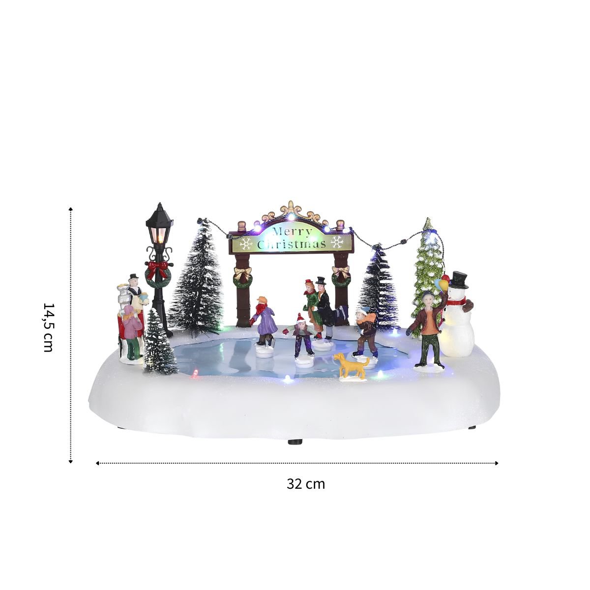 Kerstdorp tafereel, schaatsers op bevroren vijver, 32 × 25 × 15 cm