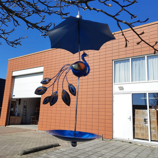 Metalen pauw vogelvoeder hangend tuinornament blauw