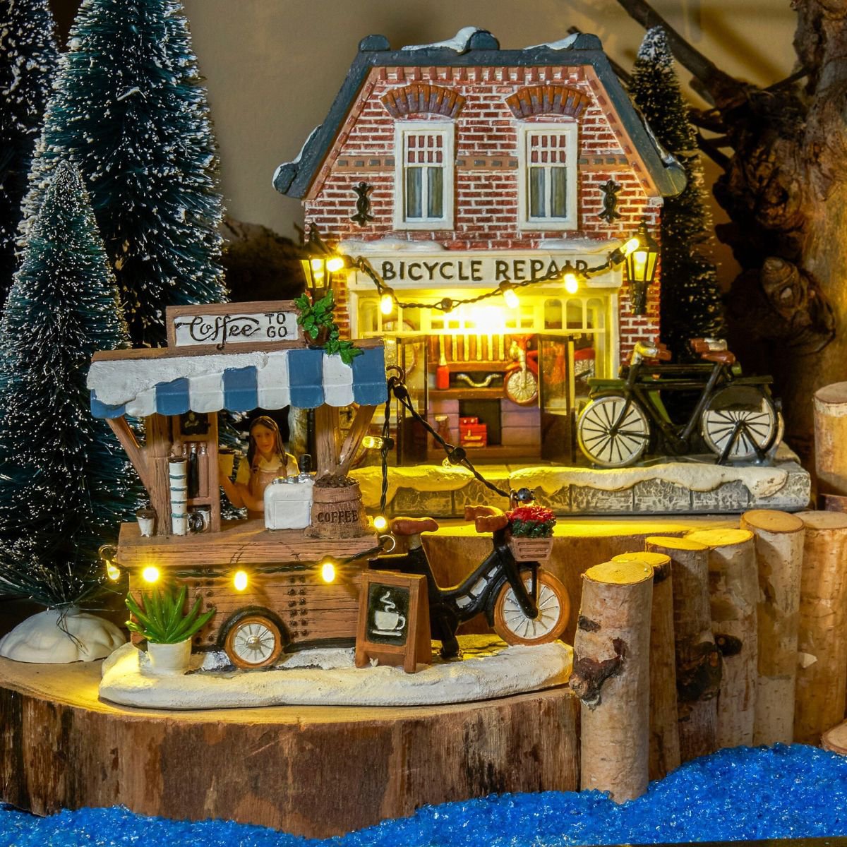 Kerstdorp miniatuur koffiekraam met verlichting, 13,5 × 8 × 11 cm