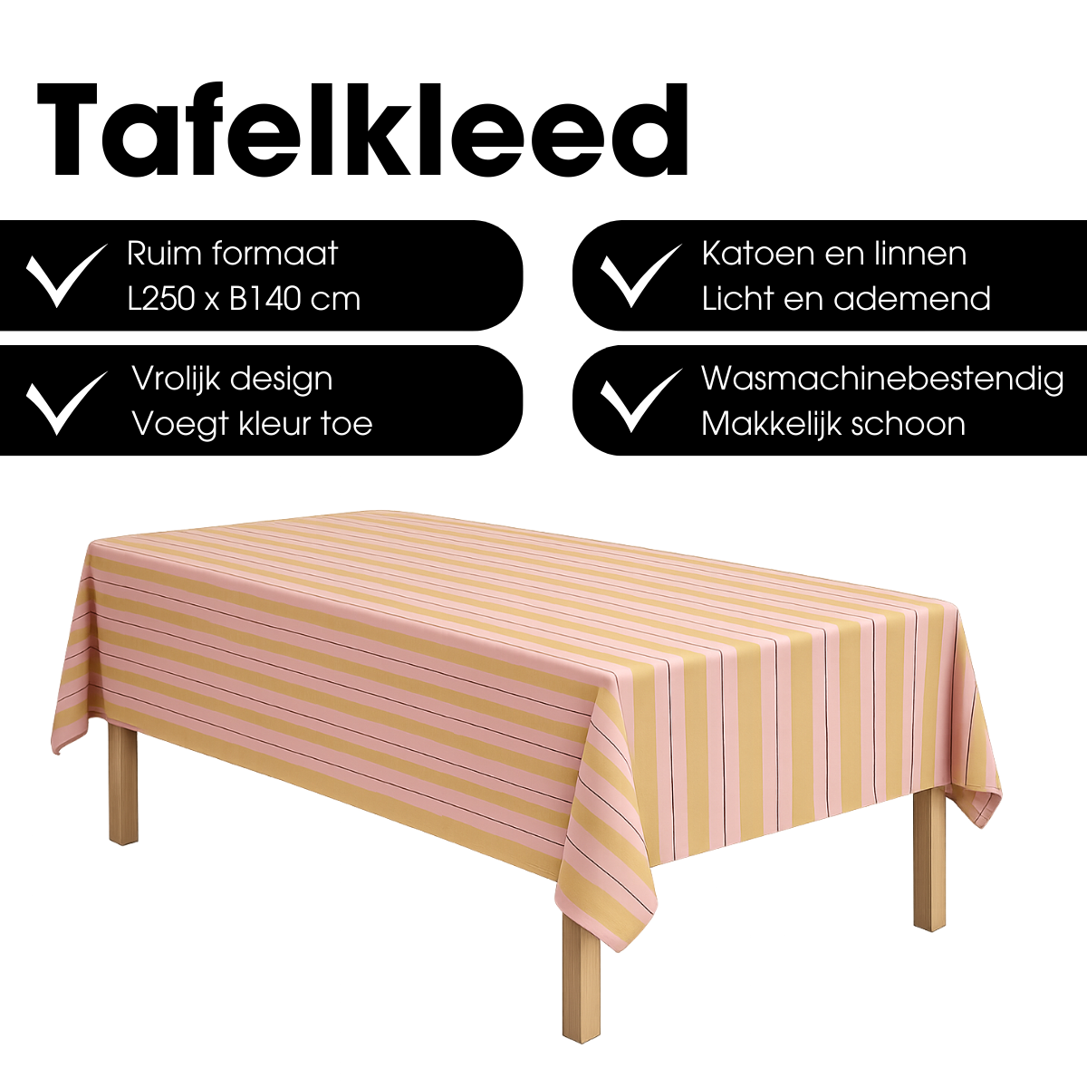 Tafelkleed roze okergeel gestreept, 250 x 140 cm