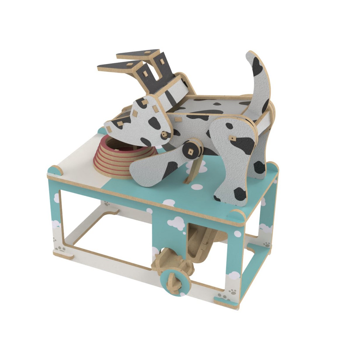 3D mechanische houten puzzel hond bij voerbak 12,5 × 13 × 13,5 cm – 53 stukjes