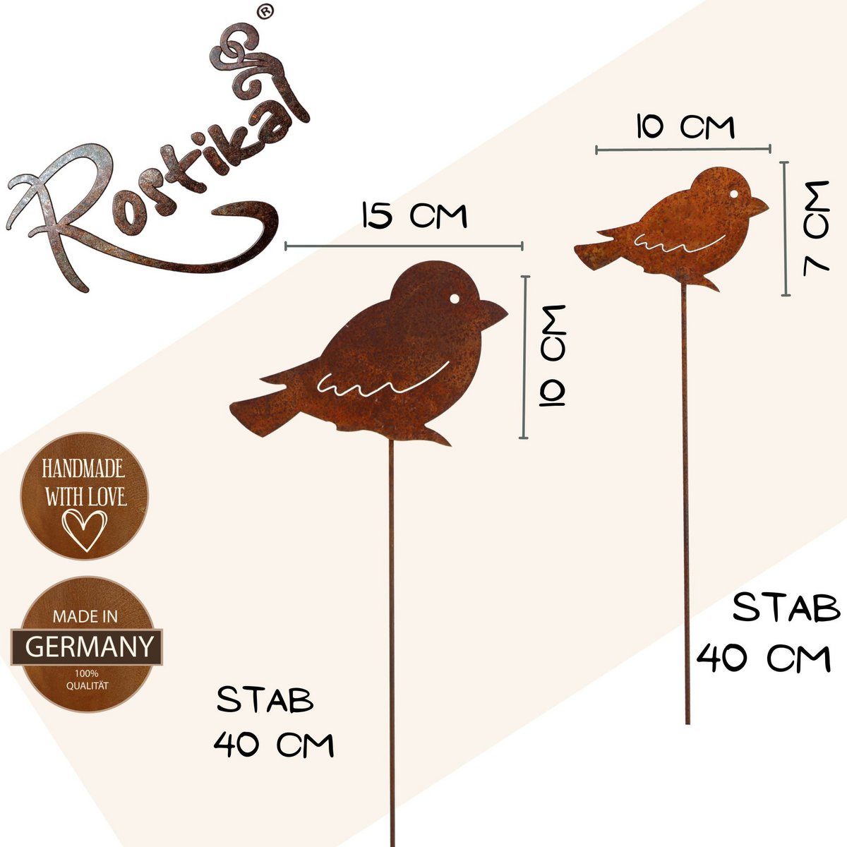 Roestmetalen vogel, hangend of op stok
