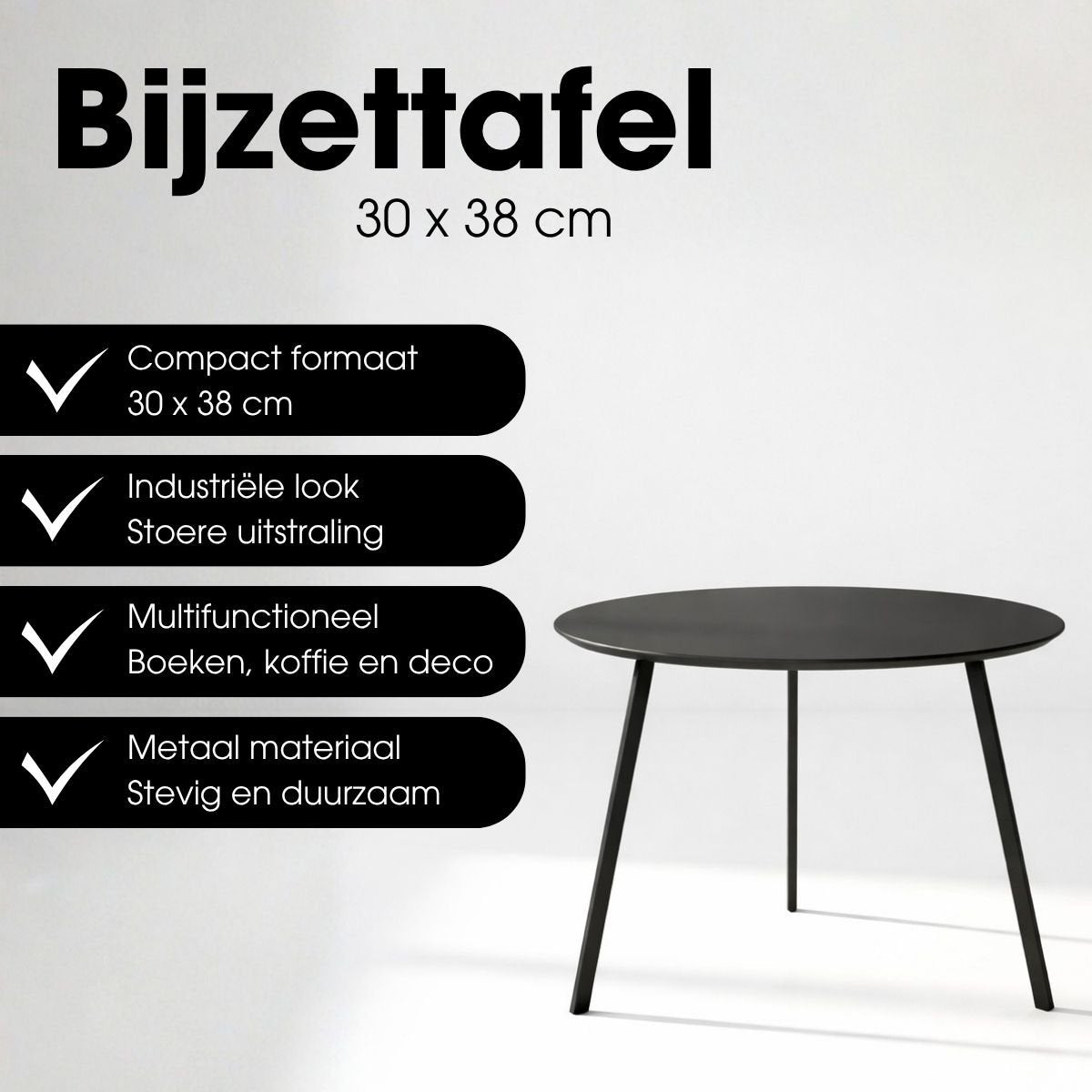 Seattle ronde bijzettafel zwart, 38 × 38 × 30 cm