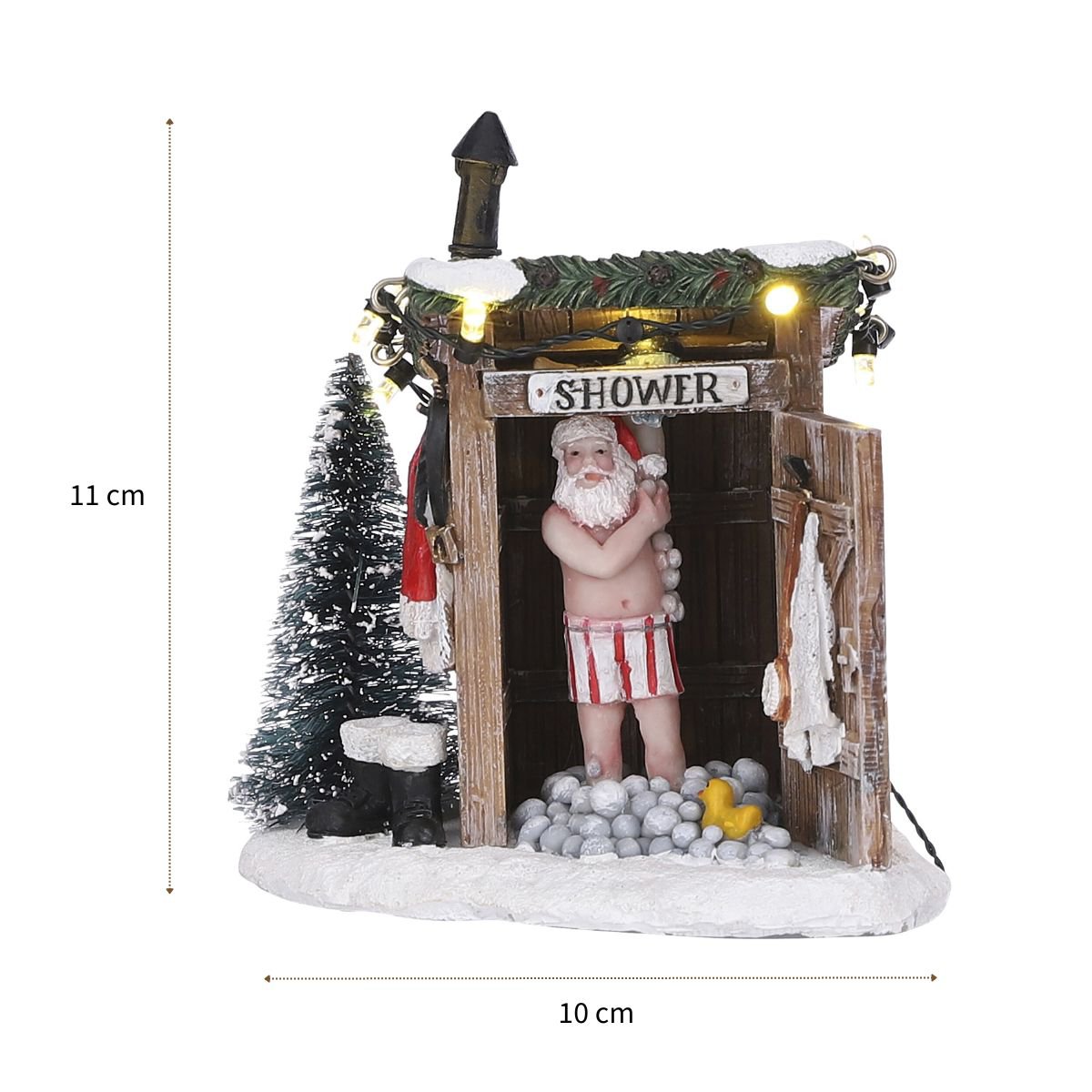 Kerstdorp miniatuur kerstman onder de buitendouche, 10 × 8,5 × 11 cm