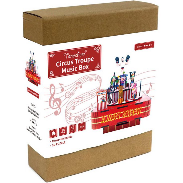 DIY 3D houten muziekdoos Circus Troupe, 14 x 14 x 16 cm
