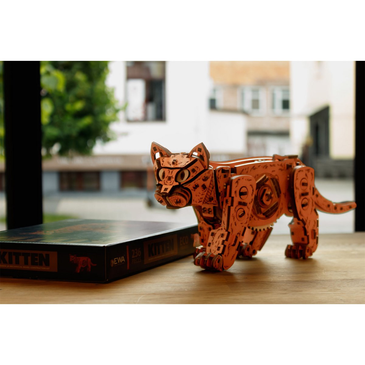DIY houten mechanische puzzel kat Ginger, 35,1 x 8,4 x 14,5 cm