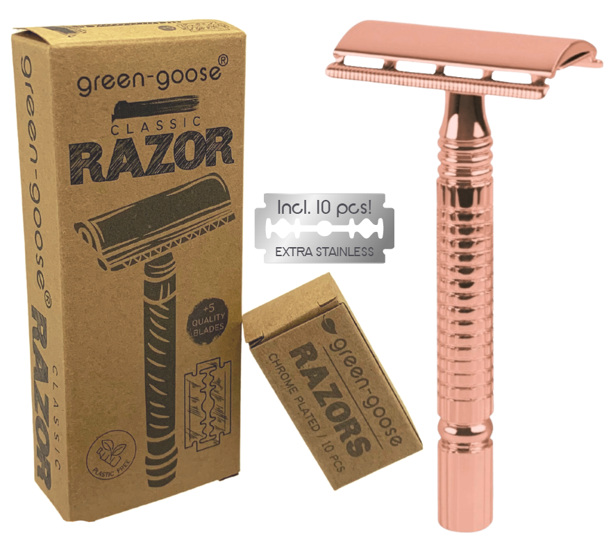 Klassieke safety razor roségoud met 10 scheermesjes