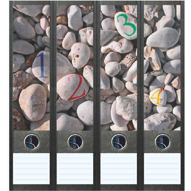 Ordnerstickers breed, 4 stuks kiezelstenen, met tekstlabels