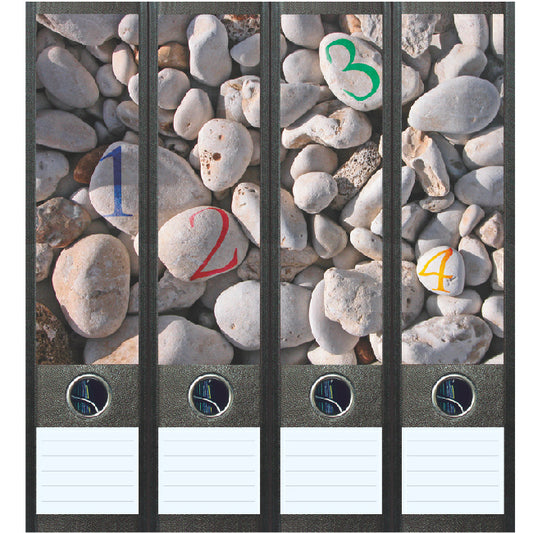 Ordnerstickers breed, 4 stuks kiezelstenen, met tekstlabels