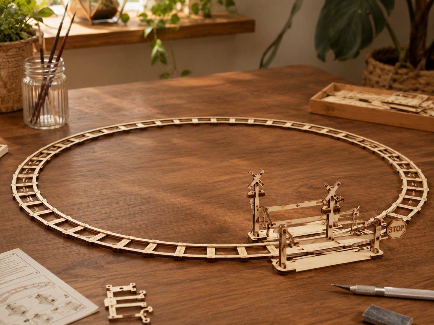 Round Railway met overweg, 3D houten bouwpakket, 180 onderdelen