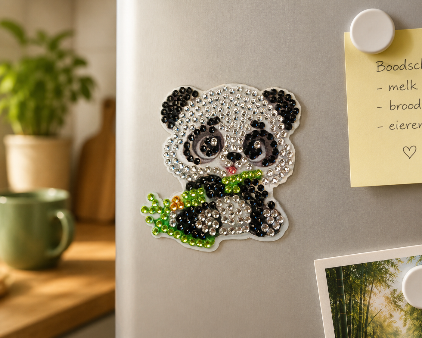 Panda met bamboe diamond painting koelkast-/decoratiemagneet, 6 x 7 cm